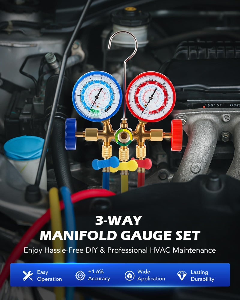 Orion Motor Tech AC Gauges, Automotive AC Gauge Set for R134a R12 R22 R502, 3 Way AC Manifold Gauge Set with 5FT Hoses Couplers & Adapter, R134A Can Tap Freon Recharge Kit for HVAC - Image 2